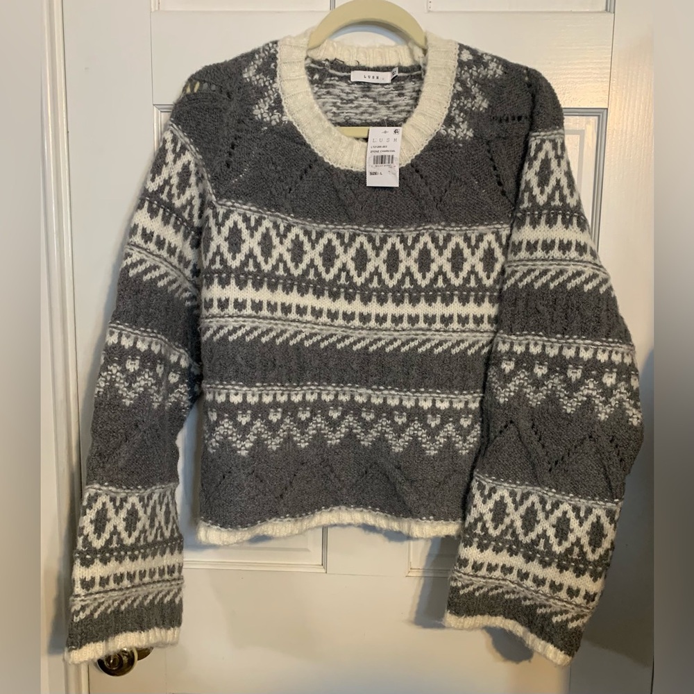 Lush Charcoal and Ivory Patterned Women's Chunky Sweater Size Large